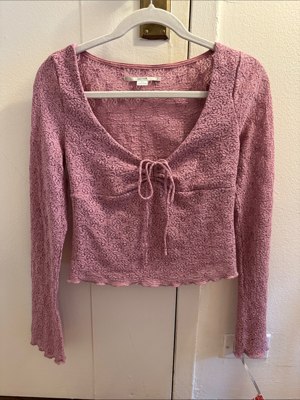 Urban Outfitters Dusty Rose Textured Tie-Front Long Sleeve Top